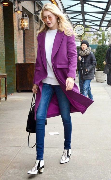 Gigi Hadid Street Style - Cozy in a Chic Purple Coat 02