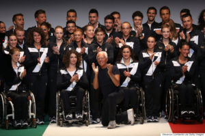 MILAN, ITALY - JULY 01: Giorgio Armani and athletes pose during the presentation the Rio 2016 Olympic uniform designed by Giorgio Armani on July 1, 2015 in Milan, Italy. (Photo by Vincenzo Lombardo/Getty Images)